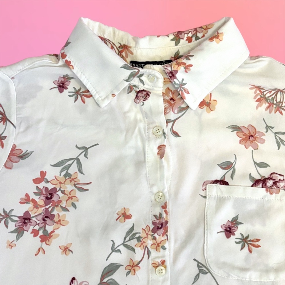 Brandy Melville Preppy White  Floral Button-Down Collared Blouse Shirt - Picture 5 of 11